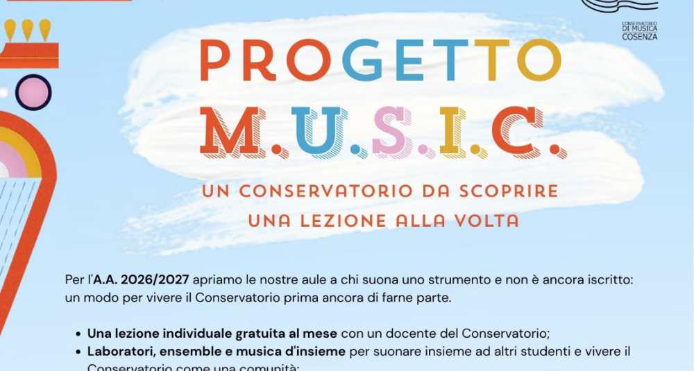Il Conservatorio di Cosenza lancia il Progetto M.U.S.I.C.: lezioni e laboratori gratuiti per gli under 18