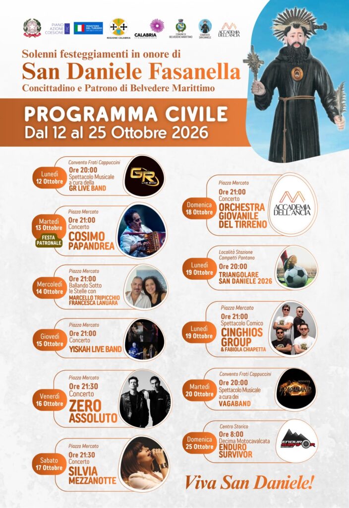 San Daniele 2026 a Belvedere Marittimo Zero Assoluto e Silvia Mezzanotte illuminano il programma civile