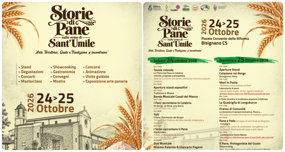 Bisignano celebra la tradizione con “Storie di Pane sulle Orme di Sant’Umile”: il 24 e 25 ottobre al Convento della Riforma