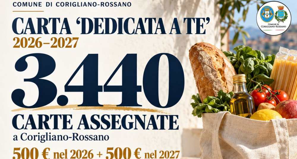 Carta Dedicata a Te 2026-2027 a Corigliano-Rossano: assegnate 3.440 tessere, la prima ricarica da 500 euro parte il 4 novembre