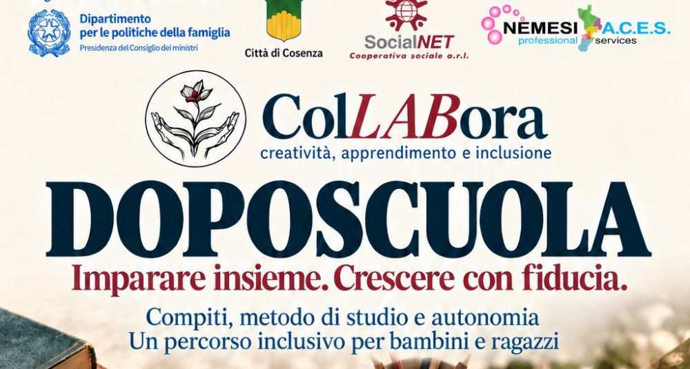 Cosenza, al via il progetto ColLABora per bambini e ragazzi: doposcuola e laboratori gratuiti, iscrizioni ancora aperte